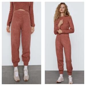 Zara Maeve Pink Knit Joggers Size Large High-Waisted Pants Loungewear Cozy